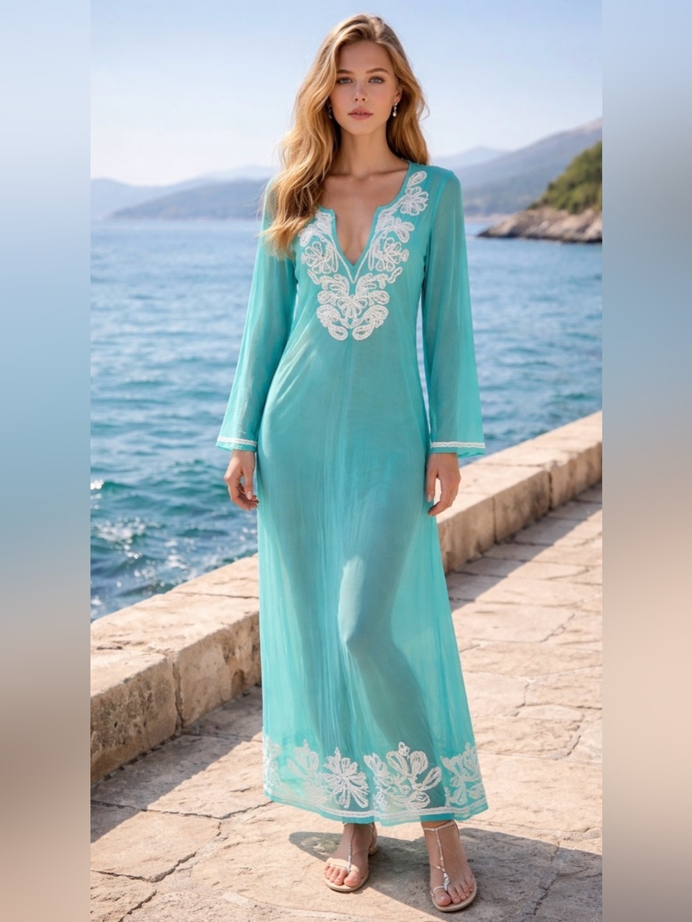 INC International Concepts Beach Turquoise Embroidered Long Beach Kaftan